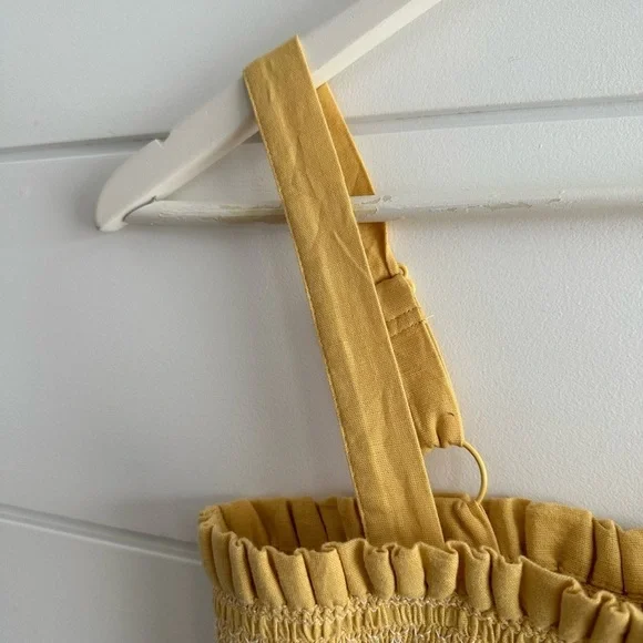 Linen Smocked Knee Length Dress - Yellow/ White Size: Estimate XS/S - Picture 10 of 14